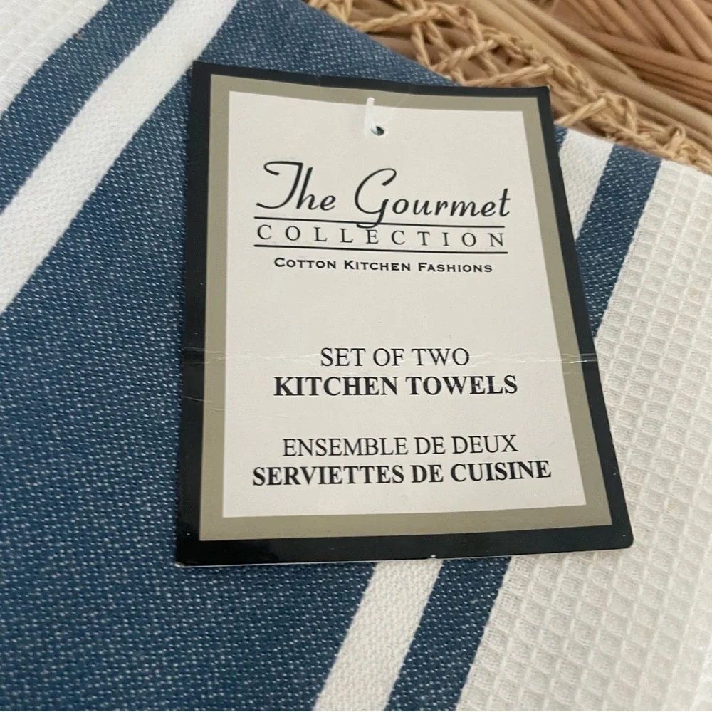 The Gourmet Collection Blue & White Striped Kitchen Towels Set of 2 NWT